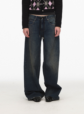 ECHOADE慵懒时髦精选 中低腰版型水洗做旧抽绳牛仔阔腿裤