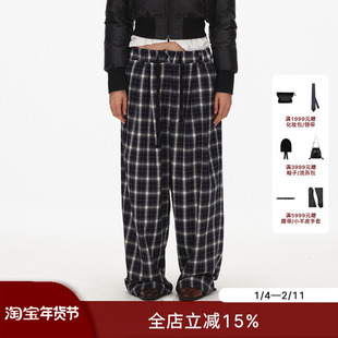 ECHOADE经典长青 复古慵懒松紧腰抽绳设计格纹阔腿西裤