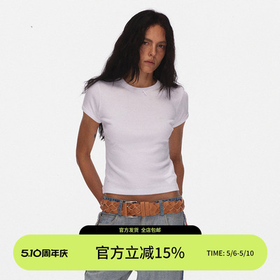 ECHOADE甄选细腻肌理纯棉修身T恤小圆领短袖正肩袖上衣