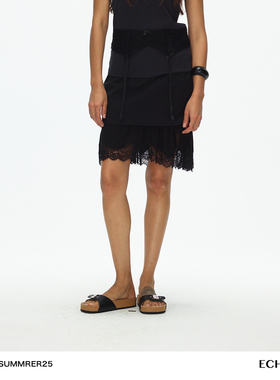 ECHOADE优雅灵动 下摆不规则蕾丝边拼接小众西装高腰短款半身裙