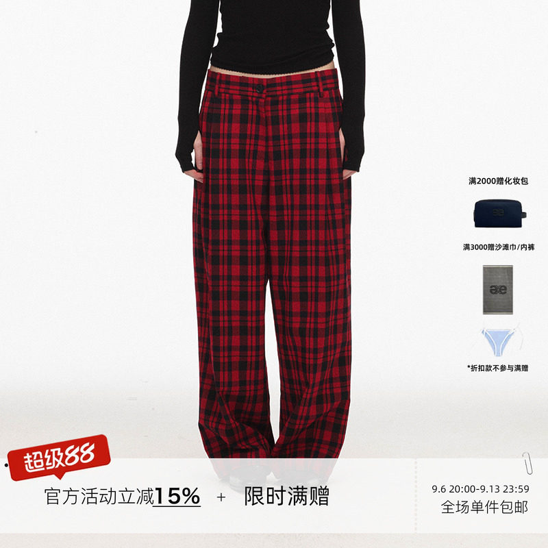 ECHOADE中低腰双褶红格纹阔腿裤图片