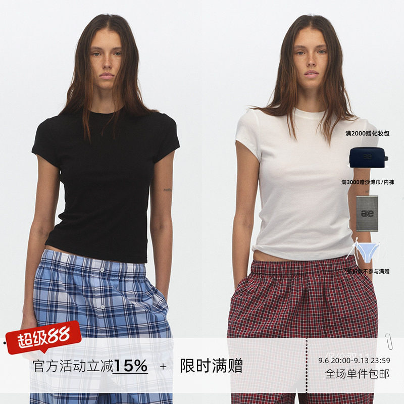 ECHOADE正肩圆领设计亲肤羊绒醋酸短袖修身T恤女早春打底内搭上衣图片