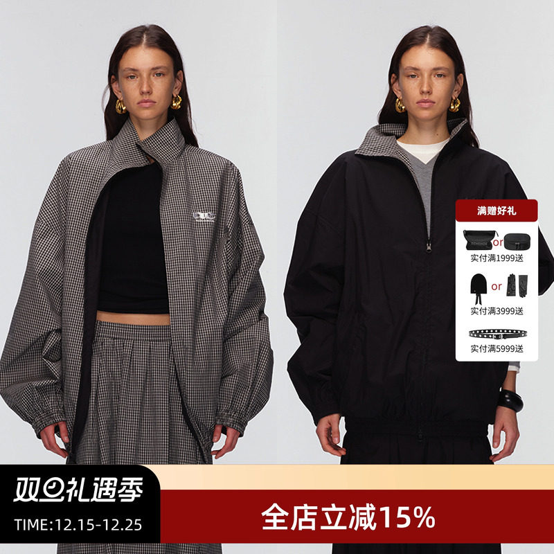 复古立领格子外套春秋夹克