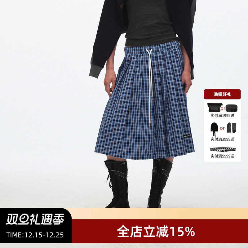 ECHOADE松紧中低腰百褶半身裙