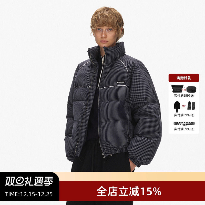 ECHOADE格纹立领短款面包羽绒服