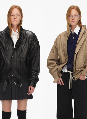 ECHOADE 精致利落 立领落肩宽松廓形夹棉阔肩飞行员皮夹克外套