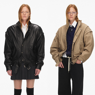 ECHOADE 立领落肩宽松廓形夹棉阔肩飞行员皮夹克外套 精致利落