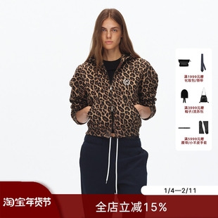 ECHOADE时髦辣妹风 双开拉链插肩袖设计微露腰线豹纹短款连帽卫衣