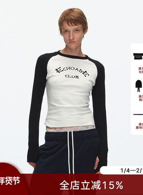 ECHOADE复古时髦甄选柔软舒适修身利落植绒LOGO印花拼色插肩袖T恤
