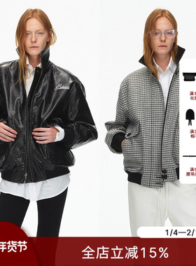 ECHOADE复古摩登 宽松版型 千鸟格拼黑皮双面穿皮夹克外套