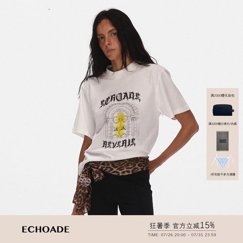 ECHOADE 经典美式街头氛围短袖哥特印花T恤透气亲肤圆领上衣