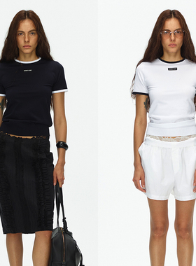 ECHOADE减龄时髦撞色线条设计优雅运动感罗纹针织修身圆领短袖T恤