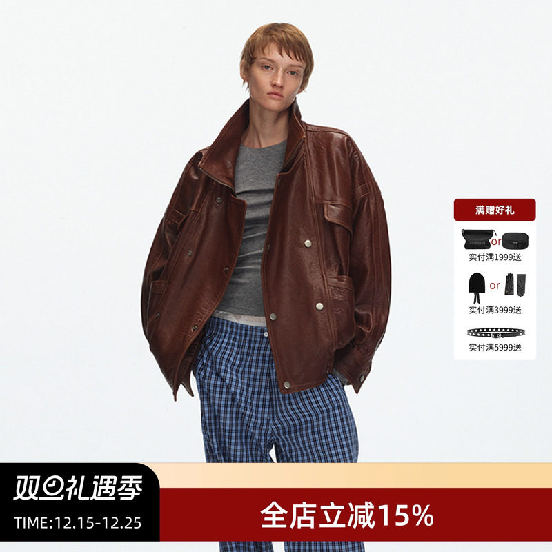 ECHOADE廓形插肩袖皮夹克外套