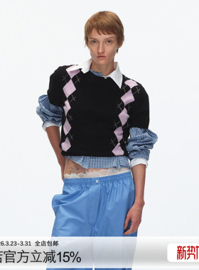 ECHOADE甄选柔软亲肤100%羊毛 叠穿神器圆领设计菱格纹短袖针织衫