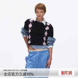 针织衫 ECHOADE甄选柔软亲肤100%羊毛 叠穿神器圆领设计菱格纹短袖