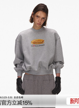 ECHOADE卡通印花圆领短款长袖上衣套头薄款灰色设计纯棉早春卫衣