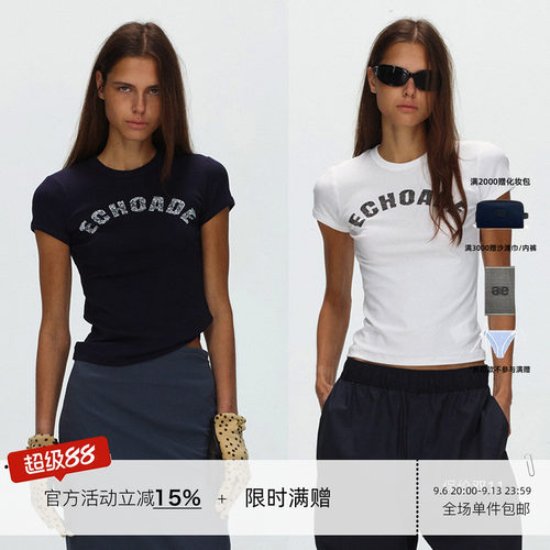 ECHOADE 时髦经典 蕾丝印花短袖亲肤修身T恤