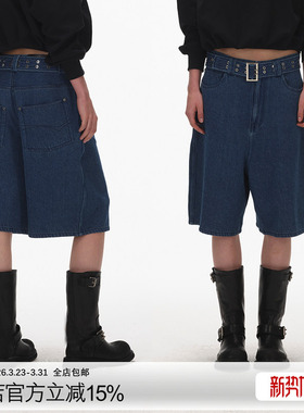 ECHOADE复古时髦 环保水洗中低腰设计直筒宽松阔腿牛仔短裤