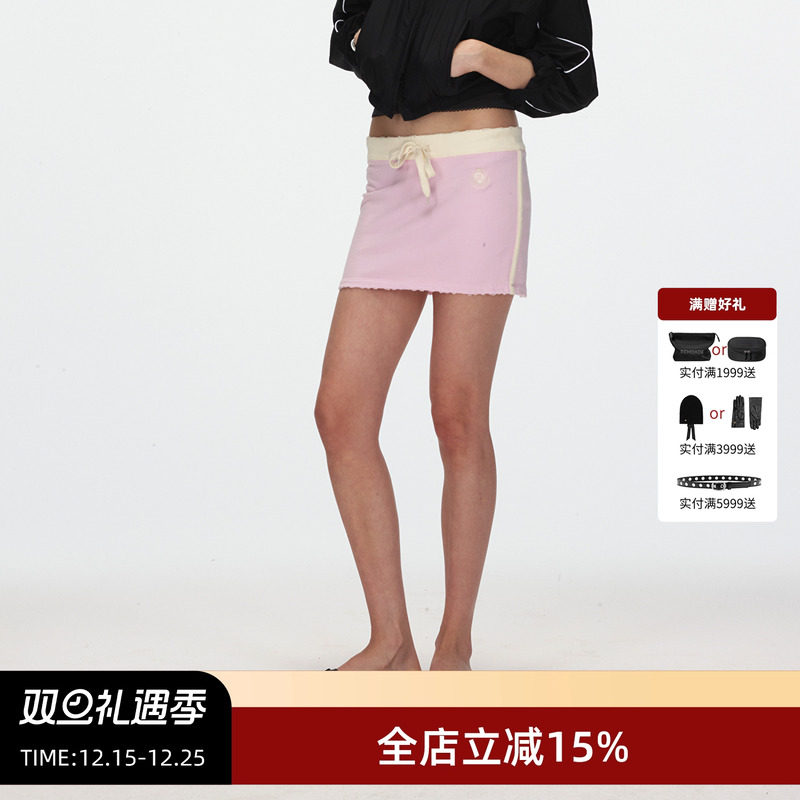 ECHOADE夏日辣妹风 松紧腰抽绳水洗做旧LOGO刺绣mini超短半身裙