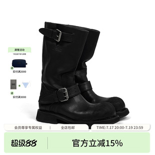 ECHOADE复古时髦 做旧成色处理 宽厚大圆头设计牛皮中筒靴子