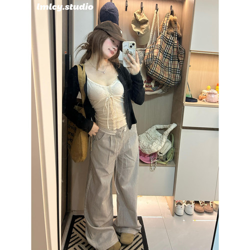LMLCY｜花边拼接黑白条纹阔腿休闲裤女复古宽松垂感显瘦直筒裤子