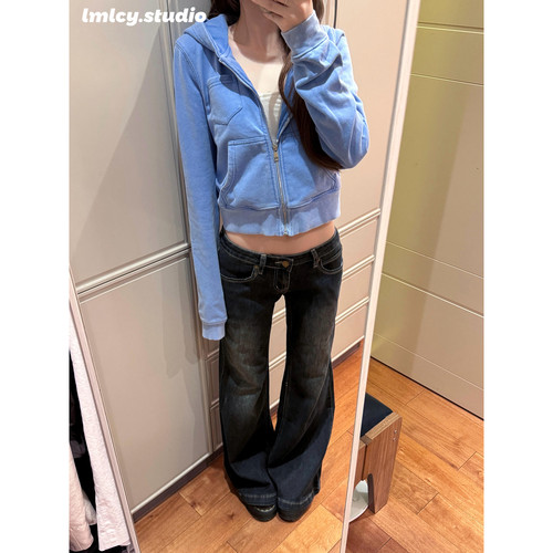 LMLCY｜深蓝灰低腰微喇叭牛仔裤女美式复古显瘦宽松不贴腿马蹄裤