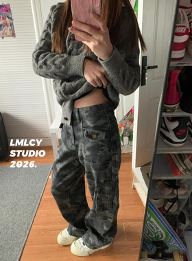 LMLCY｜美式复古迷彩工装牛仔裤女高腰宽松直筒显瘦小个子阔腿裤