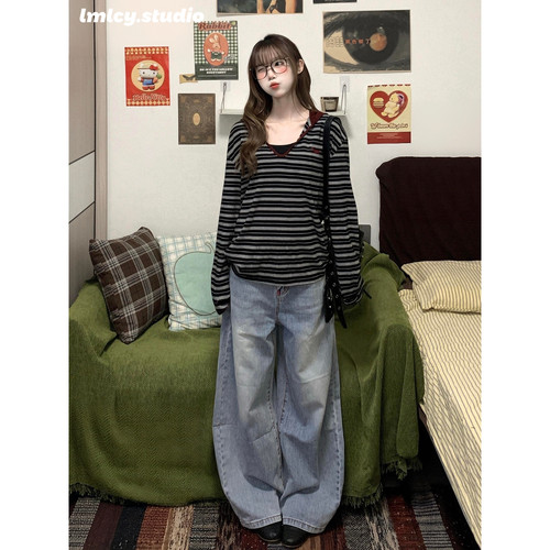 LMC｜浅色竹节纹刺绣阔腿牛仔裤女复古宽松显瘦小个子直筒弯刀裤