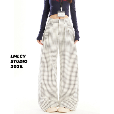 LMLCY｜高个子米白色格子纹阔腿休闲裤女美式宽松垂感显瘦直筒裤