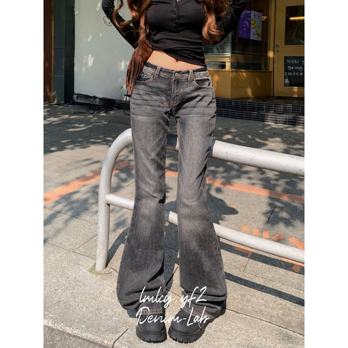 LMLCY｜黑猫低腰窄版翻盖牛仔裤女美式复古修身弹力显瘦微喇叭裤