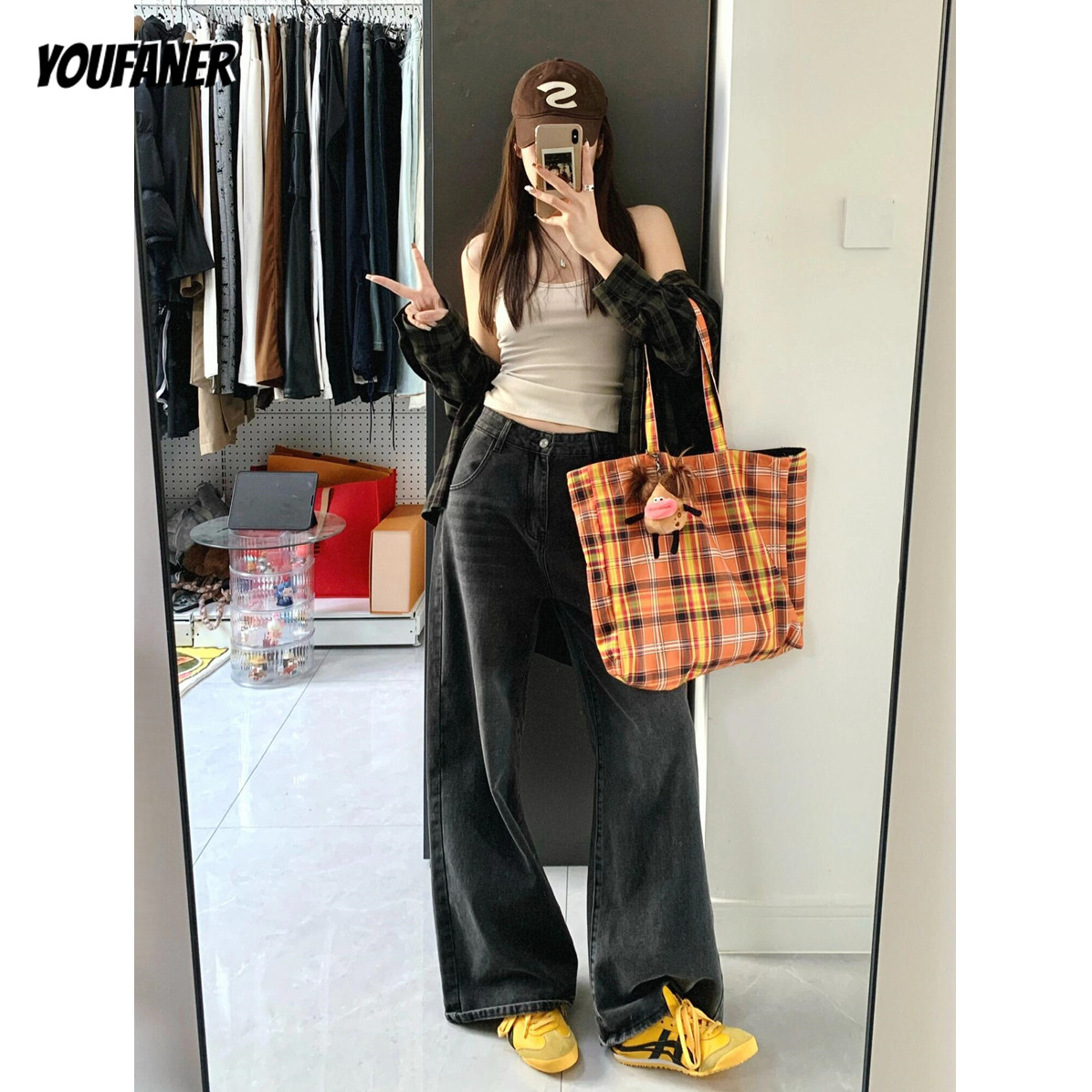 黑灰色阔腿牛仔裤女秋冬季加薄绒美式复古宽松显瘦梨形身材直筒裤