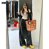 复古宽松显瘦梨形身材直筒裤 加薄绒美式 女秋冬季 黑灰色阔腿牛仔裤