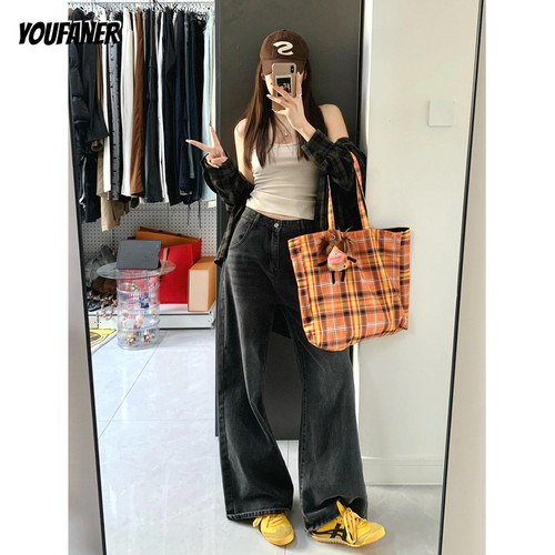 黑灰色阔腿牛仔裤女秋冬季加薄绒美式复古宽松显瘦梨形身材直筒裤