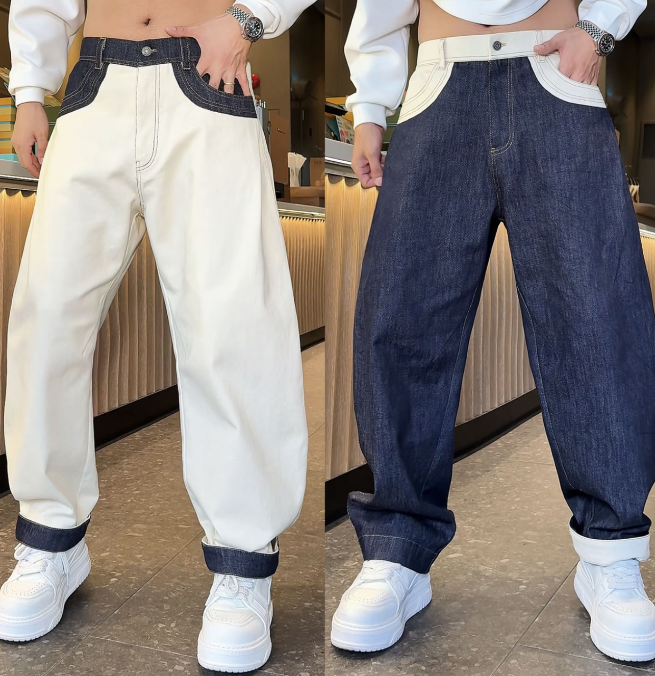 260层次拼接撞色弯刀裤秋冬休闲牛仔棉布阔腿长裤可卷边男裤潮裤