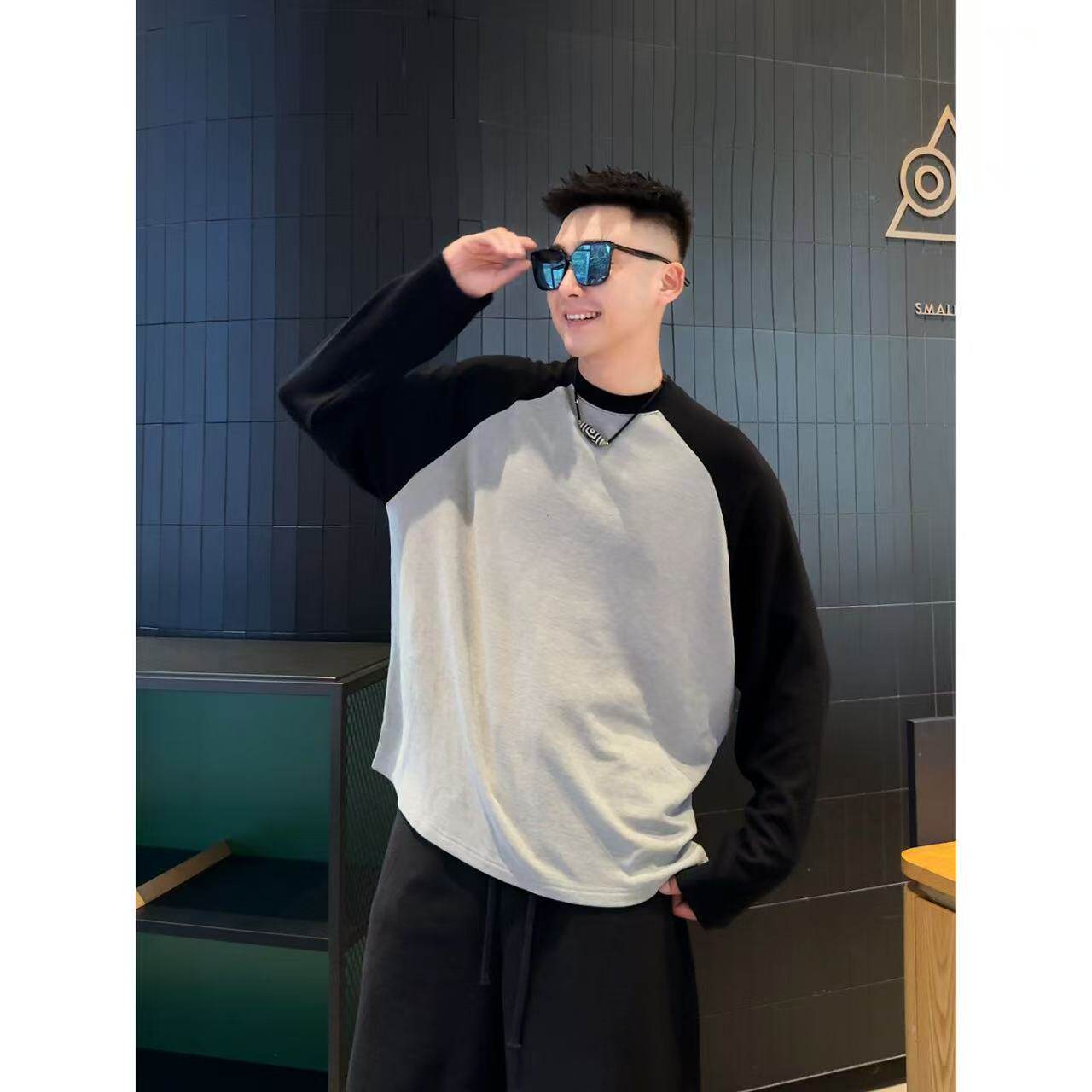 061绵羊毛拼色半高领卫衣冬季加厚一体绒舒适男士休闲长袖打底衫