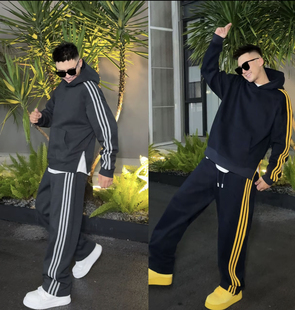 男套装 冬季 加绒加厚连帽卫衣卫裤 休闲撞色三条杠织带运动套装 男士