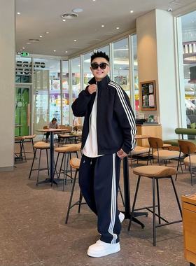 90251/2556美式撞色三条杠立领卫衣运动套装休闲外套裤子男女同款