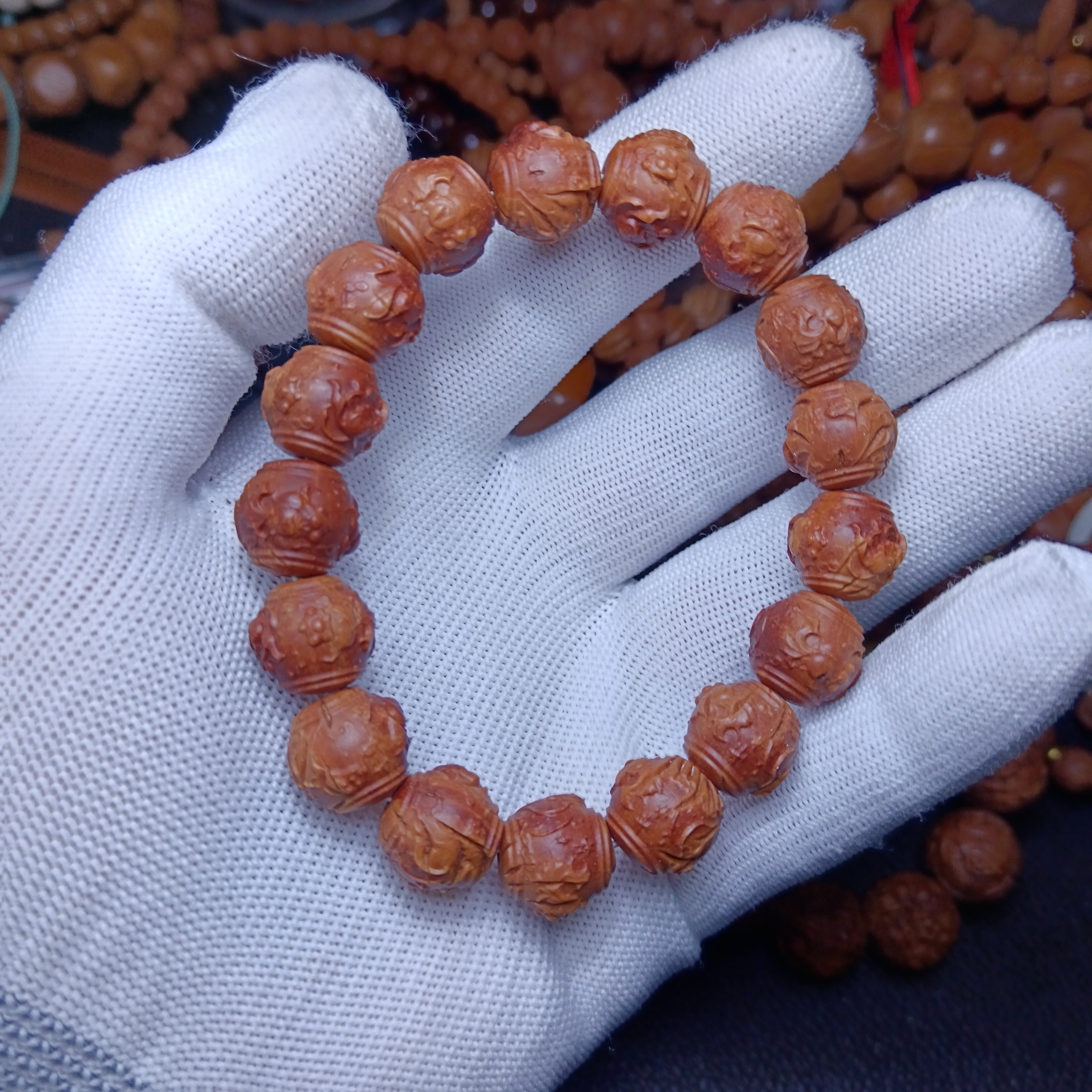 野生龙纹桃核雕刻金鱼莲花手串正圆圆雕鼓珠手串手持把件文玩桃核