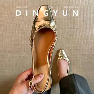 羊皮版dingyun丁允方头花朵凉鞋女夏金色后绊带粗跟单鞋新娘婚鞋