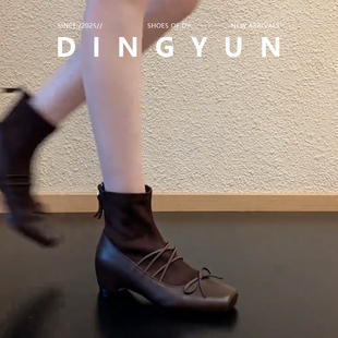 羊皮版dingyun丁允棕色短靴子秋冬加绒瘦瘦靴小个子增高袜靴方头