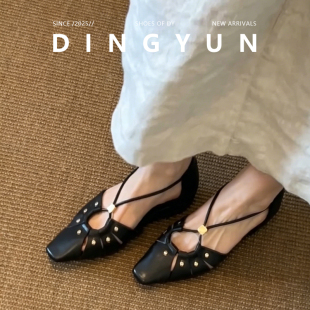 羊皮版dingyun丁允气质方头单鞋铆钉玛丽珍鞋夏法式镂空包跟凉鞋