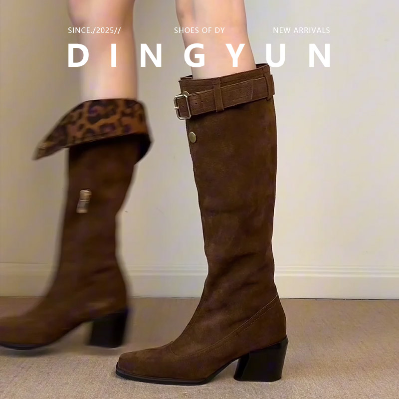 复古辣妹绒面豹纹两穿骑士靴