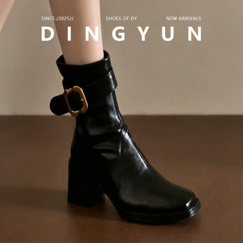 黑色/棕色方头粗跟皮带扣短靴女