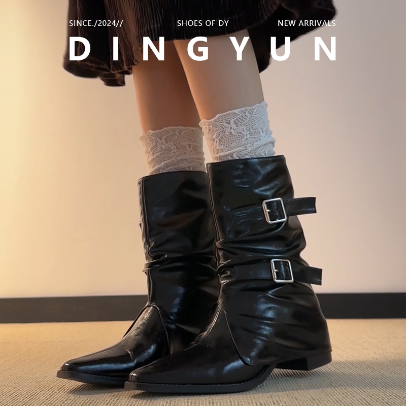 复古皮带扣褶皱堆堆靴中筒马丁靴