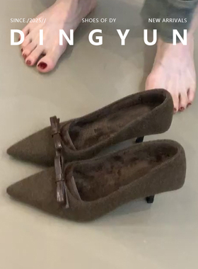 羊皮版dignyun丁允法式高跟鞋女细跟复古蝴蝶结尖头保暖加绒单鞋