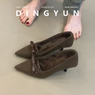 羊皮版dignyun丁允法式高跟鞋女细跟复古蝴蝶结尖头保暖加绒单鞋