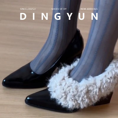黑色高跟鞋尖头毛毛单鞋加绒皮鞋
