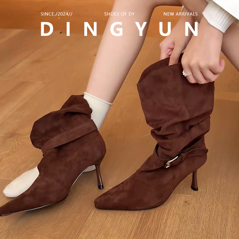 西部靴褶皱堆堆靴高跟短靴女复古