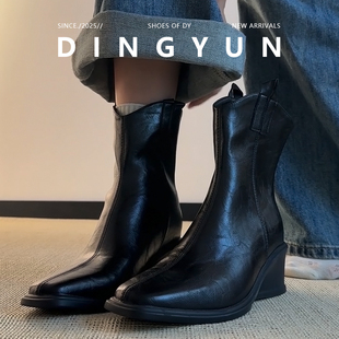 羊皮版dingyun丁允百搭切西尔短靴女尖头坡跟瘦瘦靴时装马丁靴酷