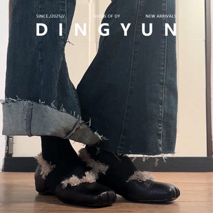 丁允dingyun法式复古玛丽珍鞋子浅口毛毛鞋方头加绒内增高单鞋冬